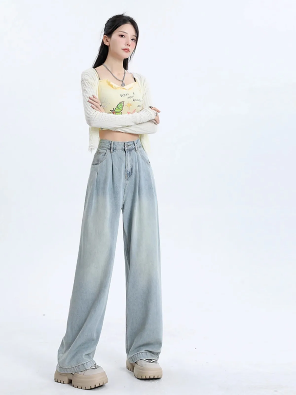 Dżinsy damskie z wysokim stanem, proste nogawki, wiosenno-jesienne, cienkie, szerokie nogawki do ziemi, codzienne, wygodne, luźny krój, denim