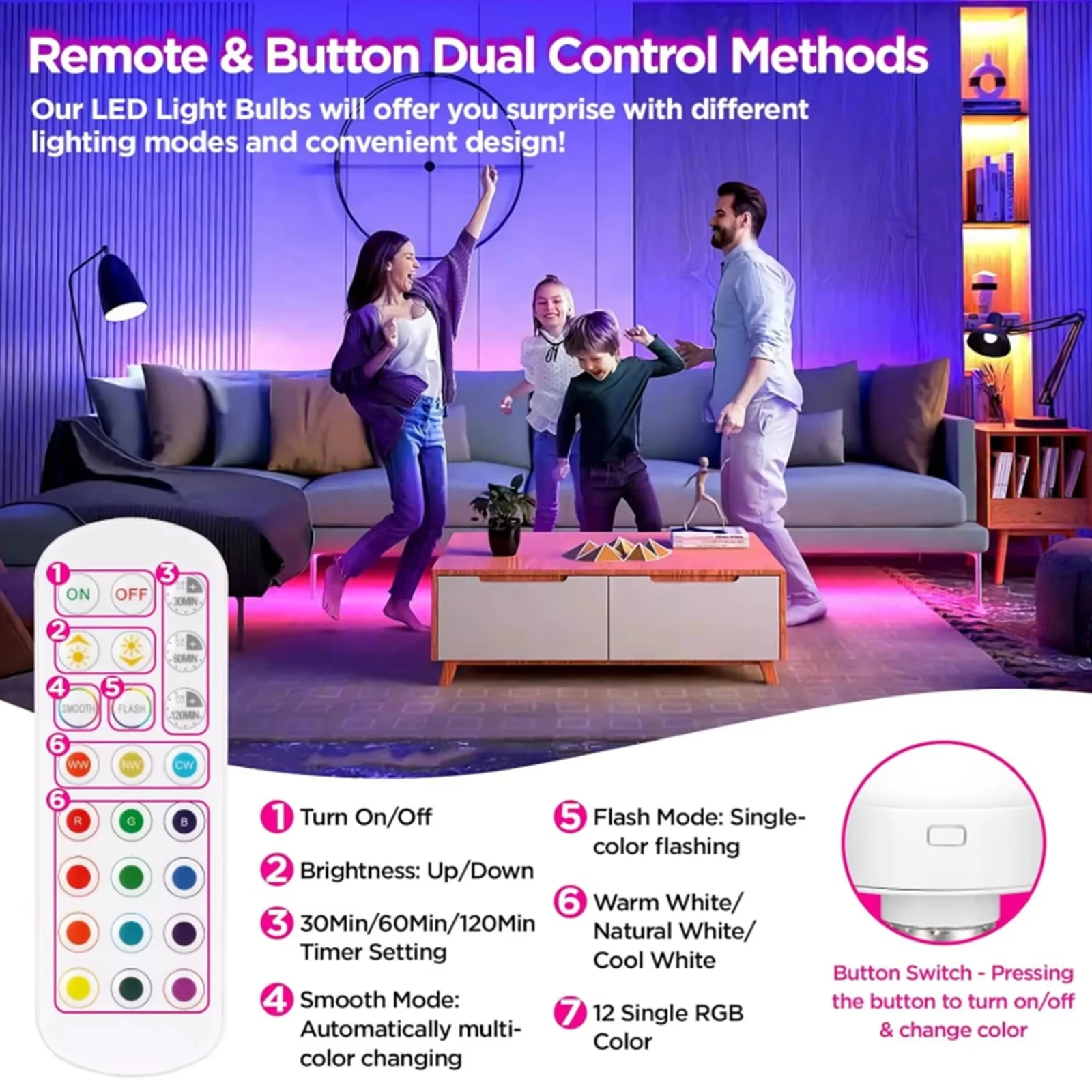 Bombilla con batería de Control remoto regulable, recargable, 3 temperaturas de Color, función de temporizador, iluminación del hogar, 1 Uds.