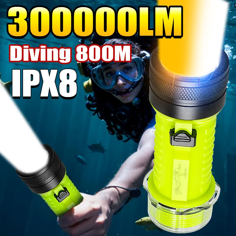 NEW 300000LM Professional Hunting Scuba Diving Flashlight IPX8 Waterproof Dive LED Light Type-c Rechargeable Underwater Lantern