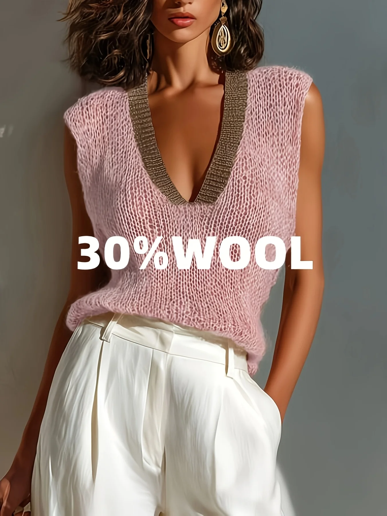 Women's V-neck contrast-colored ribbed edging, light and mature, gentle and lazy style, suitable for all seasons