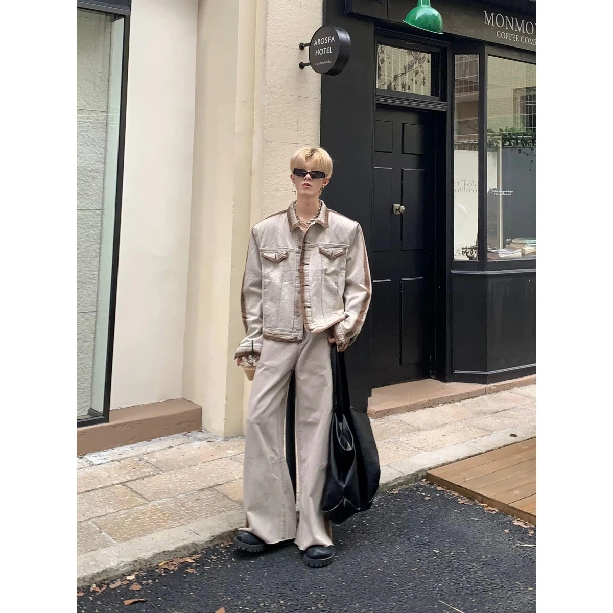 

Trendy American Brand Autumn Winter New Coffee Stripe Color Blo Denim Set Stand Fit Anti Wrinkle Cotton Polyester Jaet