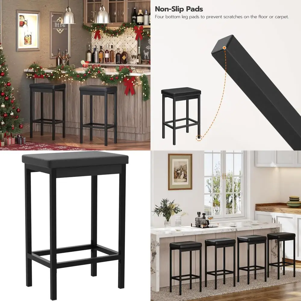 

Set of 2 Black Breakfast Bar Stools, 24.8 High, 2 Thick Upholstery, for Kitchen and Dining Rooms