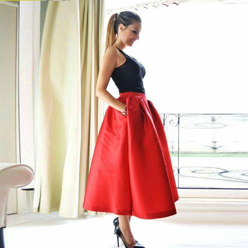 

Red Satin Skirt A Line Ankle Length Evening Party Skirts With Packet Custom Color And Size Women Formal Wear