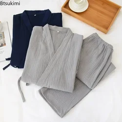 2025 Japanese Kimono Men's Solid Pajamas Two-pieces Simple Cotton Crepe Cloth Plus Size Lace-up Tops Trousers Home Service Sets