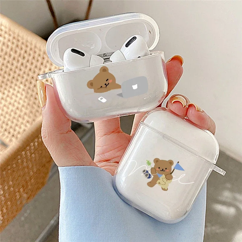 

Cute Cartoon Bear Earphone Case For Apple AirPods 4 3rd 2 Pro 2 Transparent Cover For Airpod 1 3 Protective Animal Clear Shell