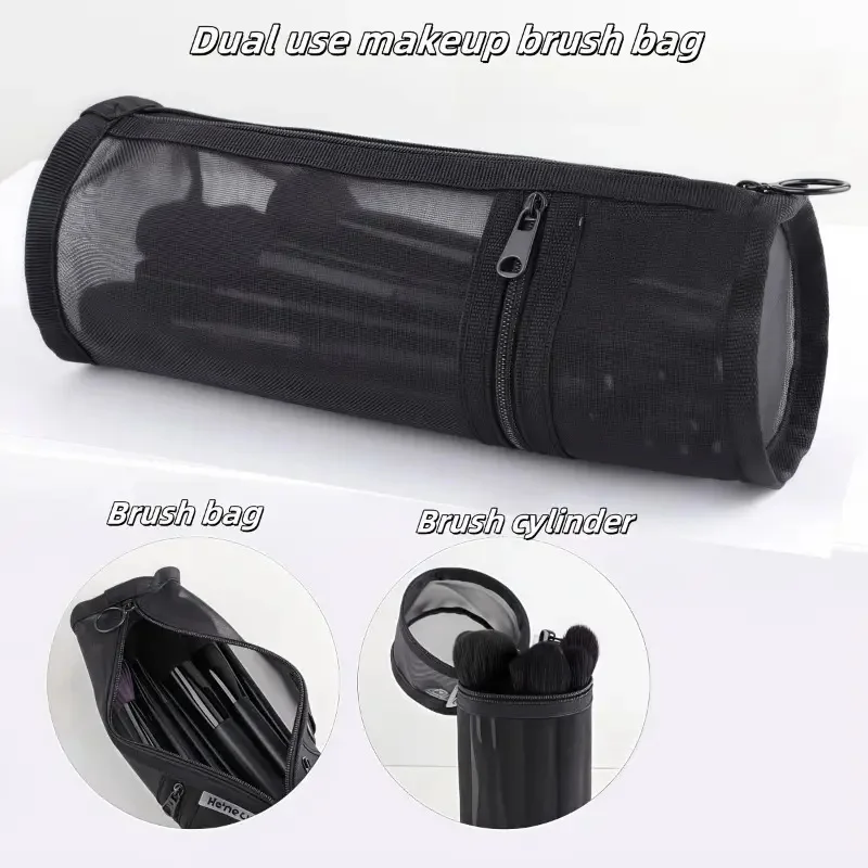 Makeup Brush Bucket Mesh Makeup Brushes Storage Bag Dual-Use Stand-up Toiletry Storage Bag Cosmetics Brushes Zipper Organizer