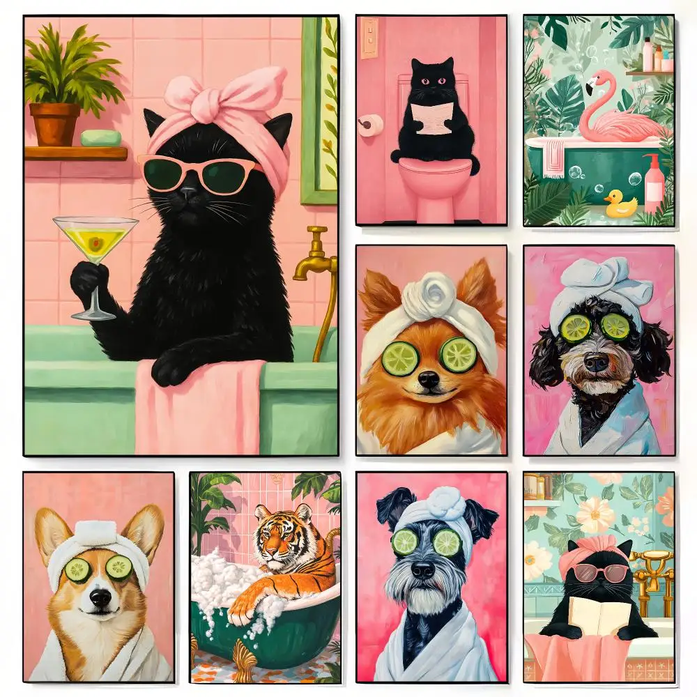 Cat Martini Bathtub Black Cat Reading on Toilet Dog Spa Poster Canvas Wall Art Print for Bathroom Home Decor
