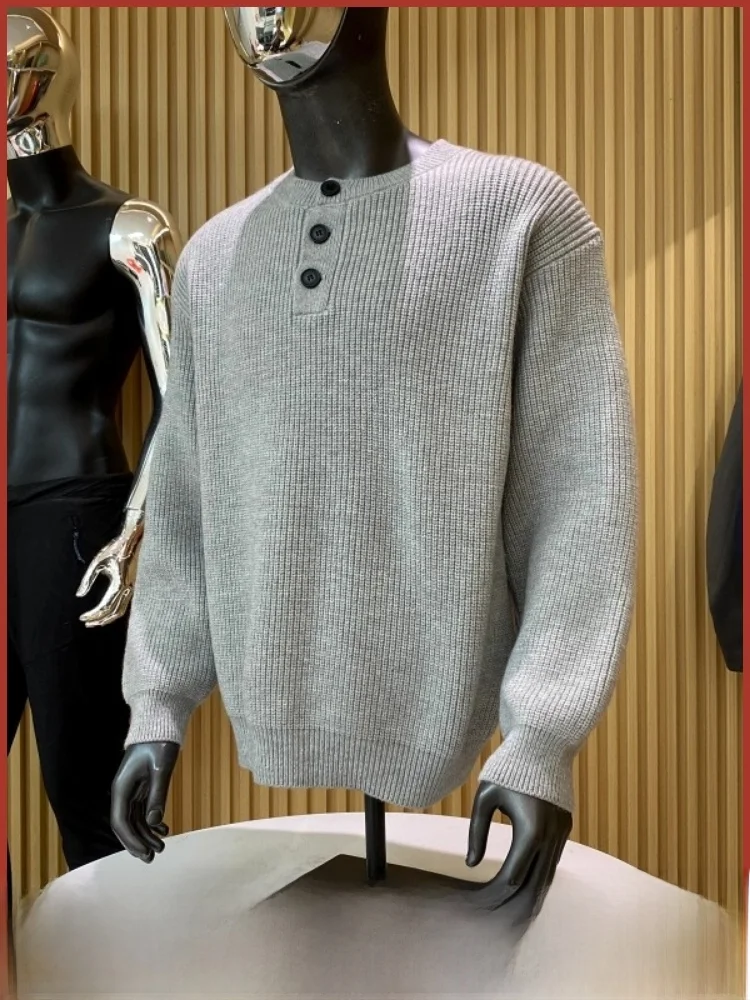 

Japanese Sle Loose Fit Thi Warm Knitted Sweater Casual Henry Collar Men's Faionable Ci Sle Winter Long Sve Top