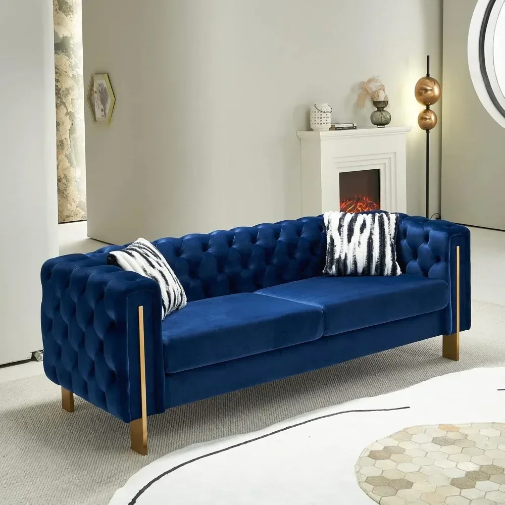 Modern Velvet Sofa ,Long Tufted Couch Upholstered Sofa with 2 Pillows High Arm and Metal Legs Decor Furniture for Bedroom