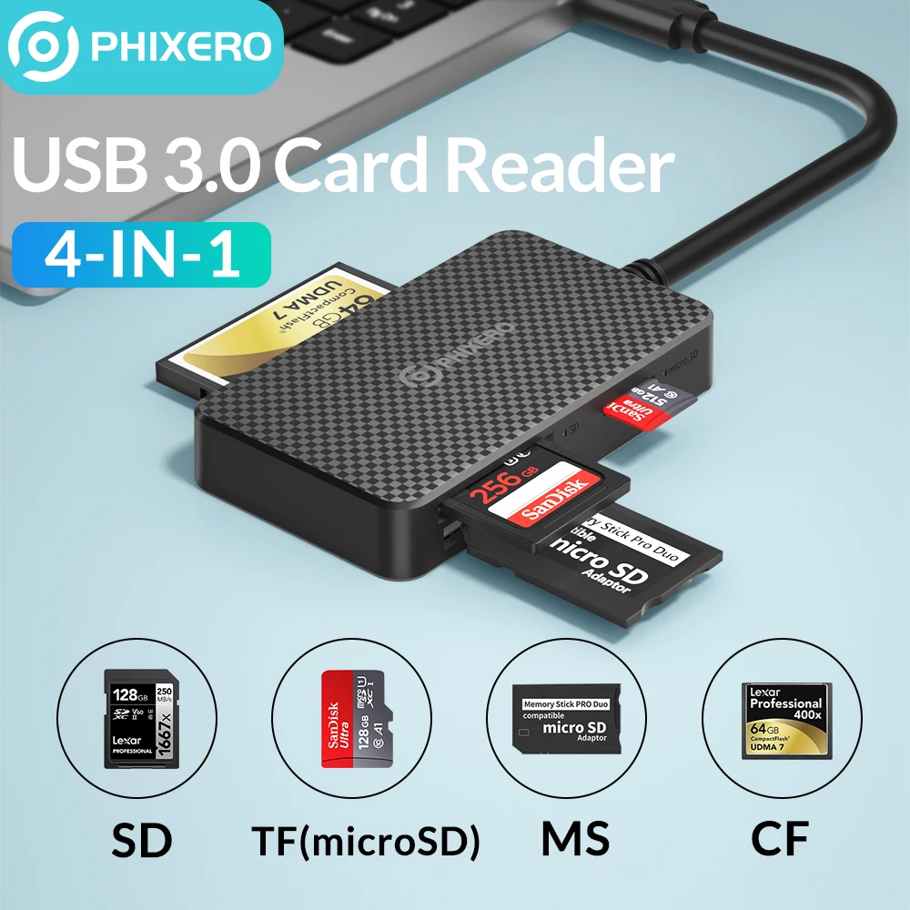 PHIXERO USB 3.0 Type C 4 in 1 5Gbps SD Card Reader Compact Flash Memory Smart Card Adapter TF CF MS 15cm Cable for Laptop PC Mac