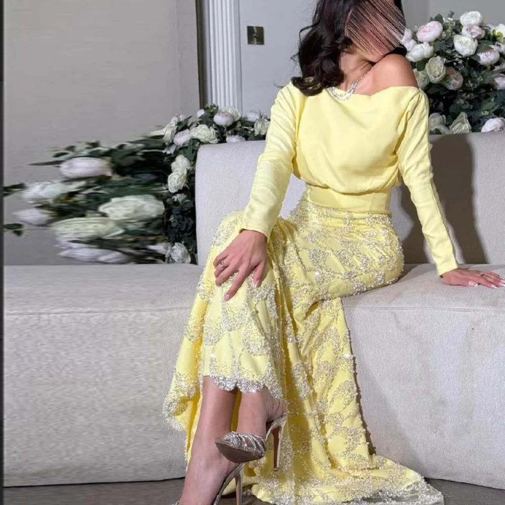 

Вечернее платье с украшением из бисера по индивидуальному заказу, с открытыми плечами, с длинными рукавами, наряд для свадебного гостя, жемчуг, русалка, платья de fiesta