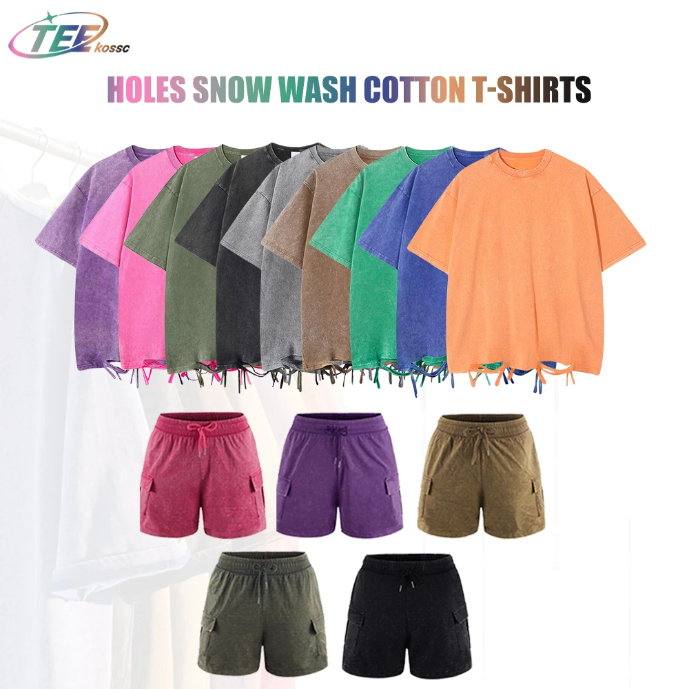 

Solid Multi-color Washed Mans Pants Breathable T-Shirt Suit Summer Cotton Holes Short Sleeve Unisex All-Match Soft Clothing