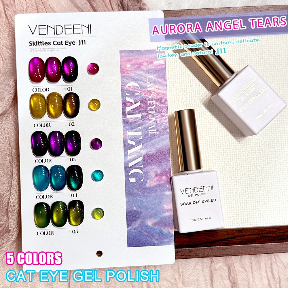 Vendeeni 5 Colors/set Purple Brown Candy Color Crystal Cat Eye Gel Nail Polish UV LED Magnetic Nail Varnish With Color Card