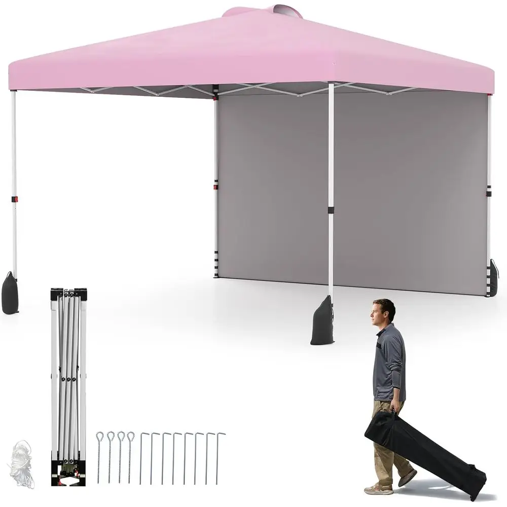 

10x10 FT Pop Up Canopy With 1 Sidewall Outdoor Shade Wheeled Bag Vented Top 4 Sandbags 8 Stakes 4 Anchors 4 Wind Ropes Easy Up Portable Patio Tent For Party Camping