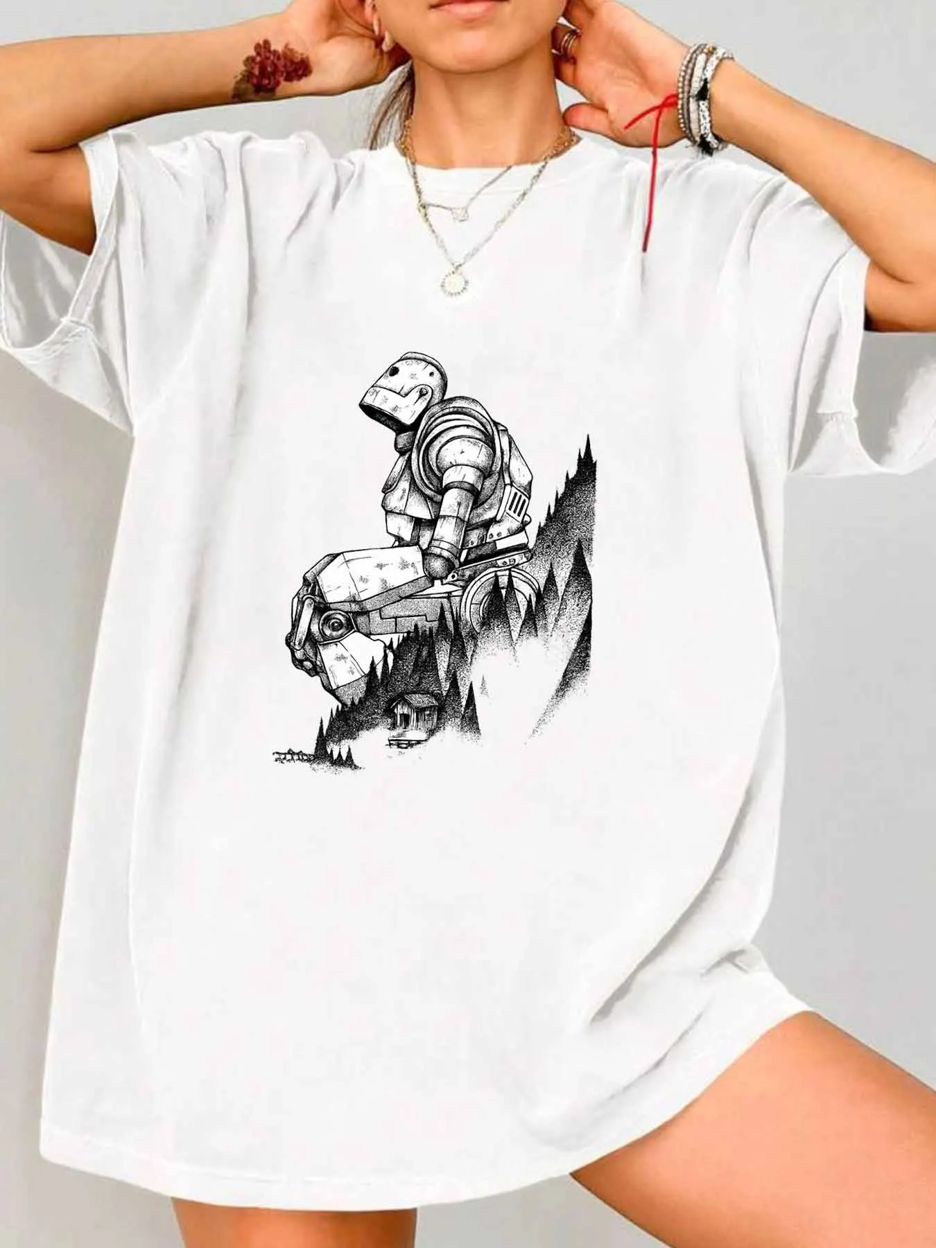 

【10110455】Женская футболка больших размеров с круглым вырезом и мультяшным узором, эластичная футболка с короткими рукавами и трендовым принтом