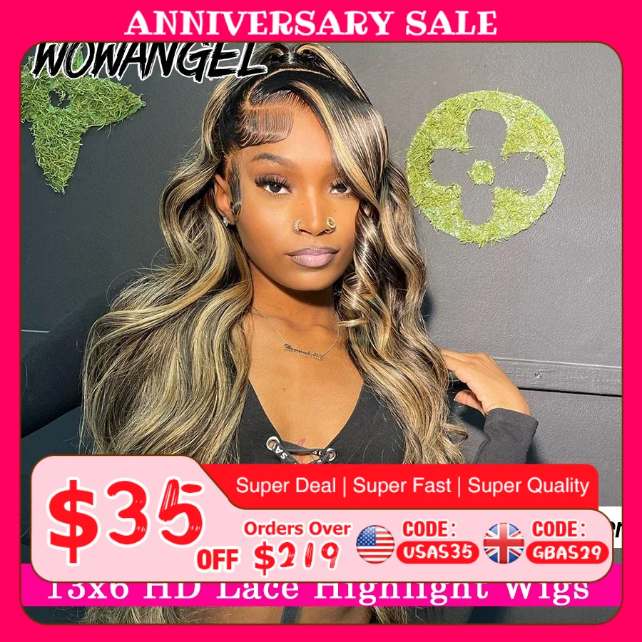 

Wow Angel 1B27 Ombre Highlight Цветные 250% человеческие волосы Кружевные фронтальные парики Объемная волна 13x6 HD Кружевные передние предварительно выщипанные парики для женщин