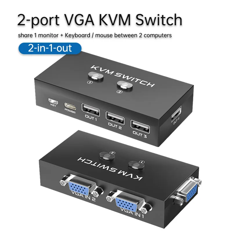 

KVM-переключатель 2-в-1-выход VGA Компьютерный коммутатор Поделиться с клавиатурой, мышью и дисплеем до 2 ПК или устройства мониторинга