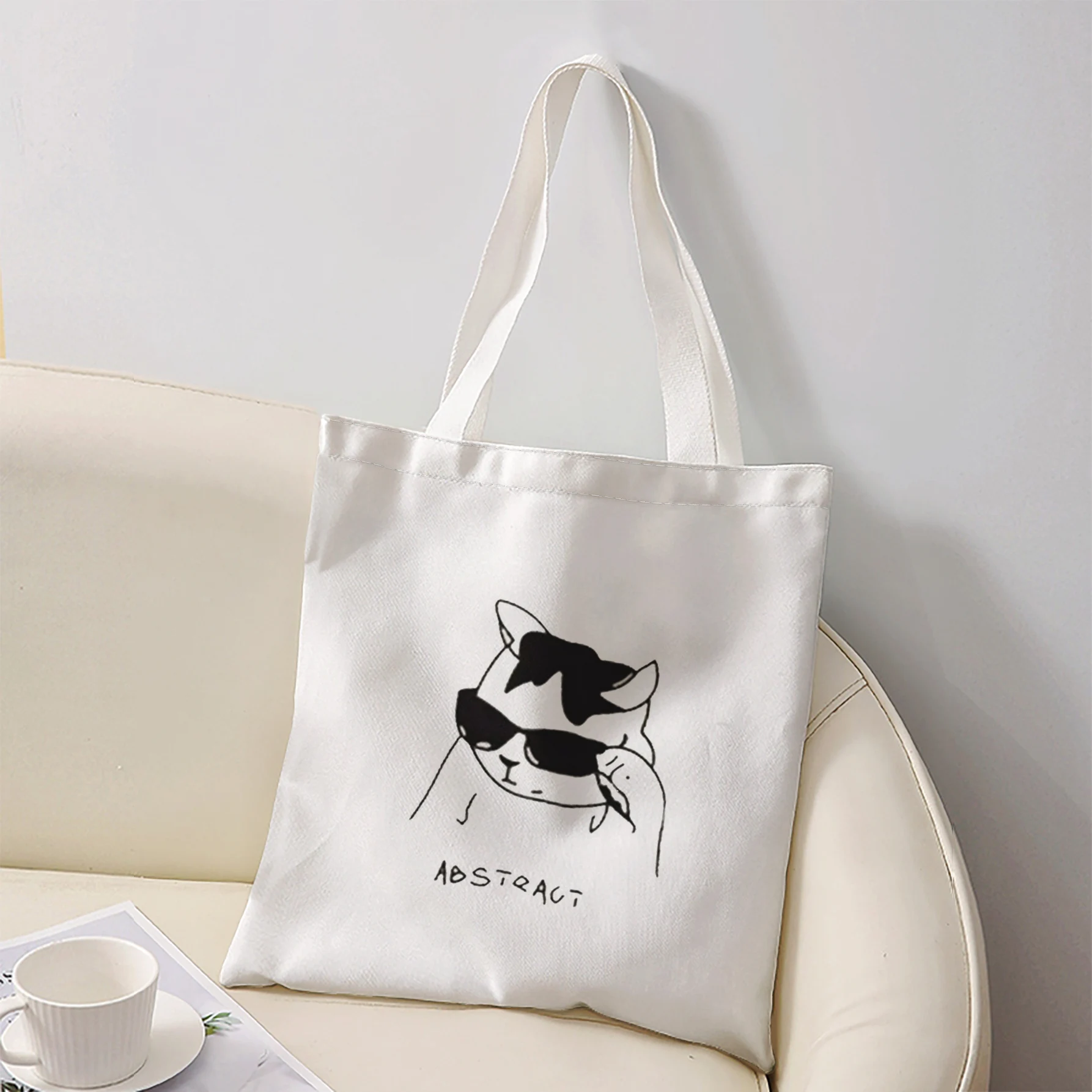 Line Art Cool Cat With Sunglasses Abstract Print Tote Bag Large Shoulder Handbag For Shopping Daily Commute