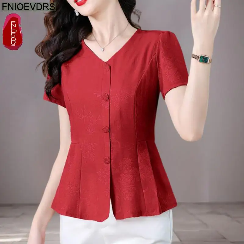 

Office Shirts Basic Wear New Design 2025 Women Elegant Fashion Work Lady V Neck Button Retro Vintage Peplum Belly Tops Blouses