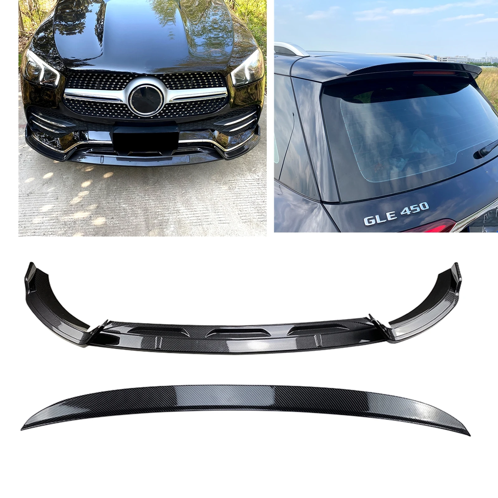 

For Mercedes Benz GLE Class W167 C167 2020-2023 GLE350 GLE450 GLE53 AMG Front Bumper Splitter Lip+Rear Trunk Spoiler Wing Kit