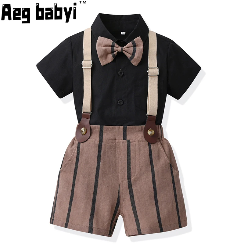 

Summer New Children Boys Gentleman Clothing Sets Shorts Sleeve Bowtie Shirts+ Suspenders Shorts 2Pcs Kids Formal Suit 0-7Y