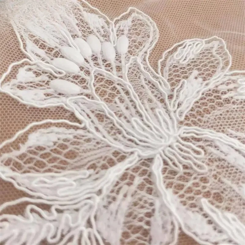 New Border Embroidered Lace Fabric Big Flowers, Leaves, Wedding Dress, Bridal Veil DIY Sewing Embroidery Fabric Accessories