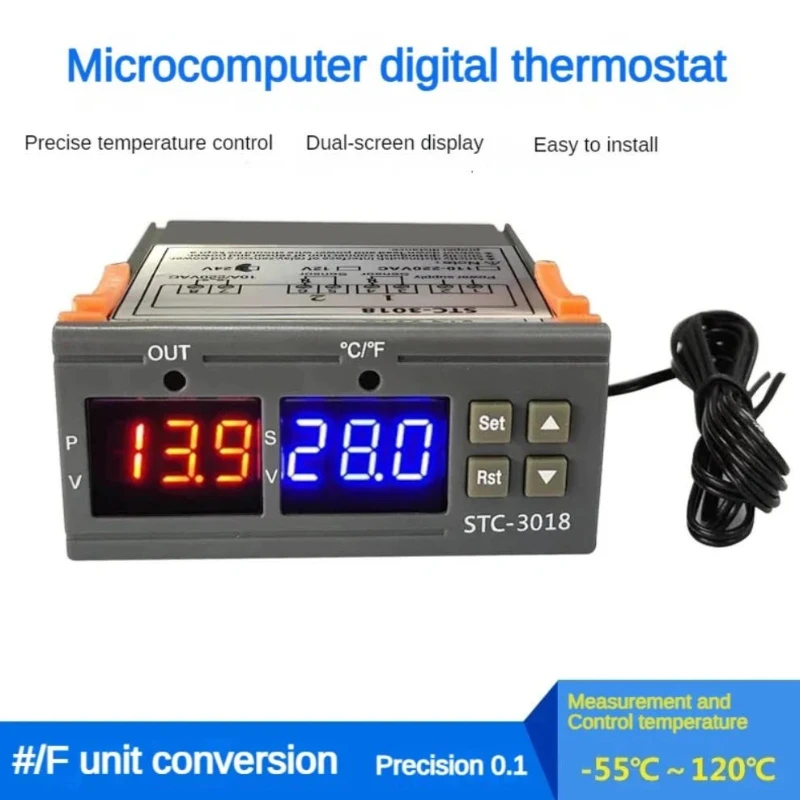 STC-3018 AC 220V 12V 24V Controlador de temperatura del termostato con pantalla LED digital, sonda del sensor NTC