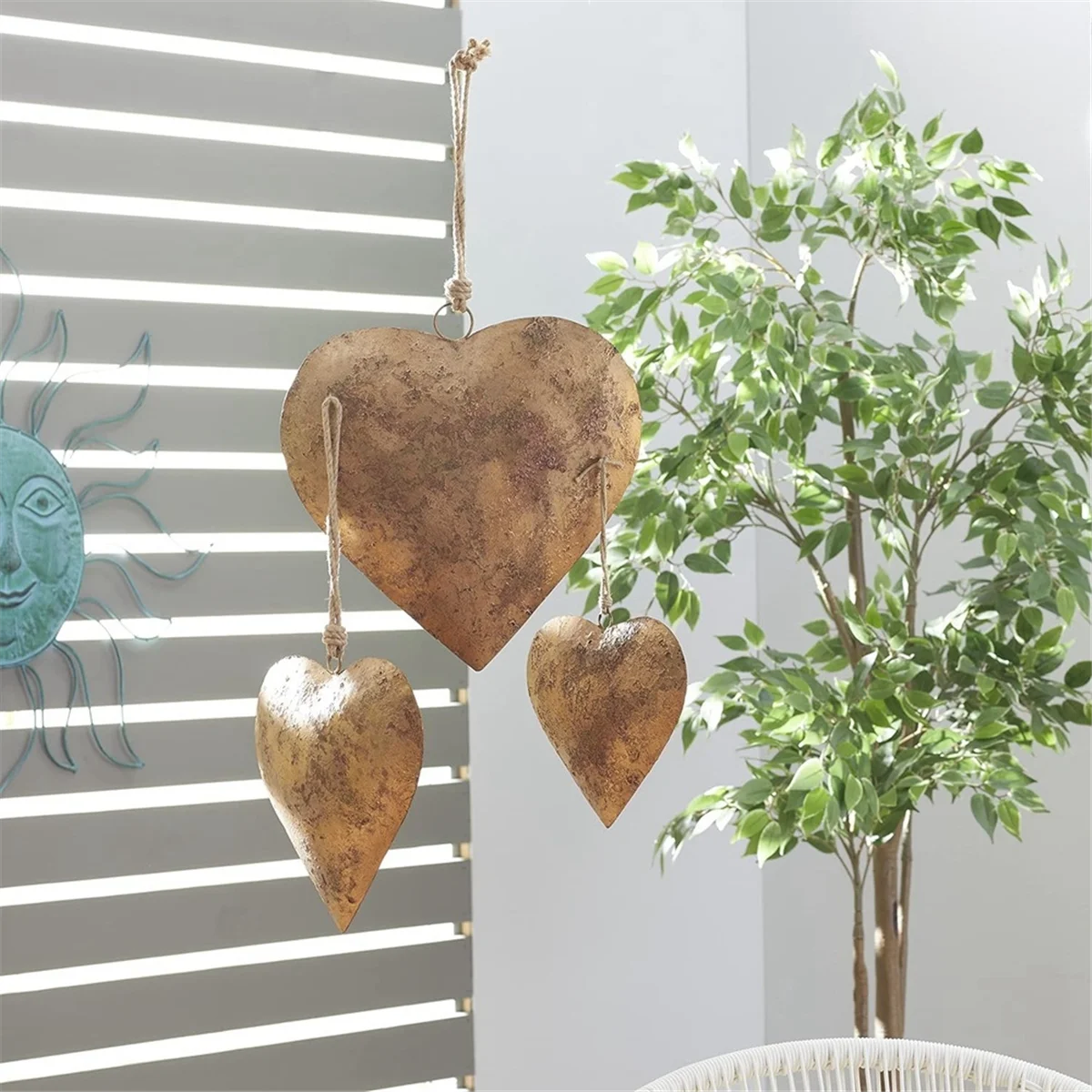 Cloche décorative en forme de cœur en métal 3D A88M, avec corde suspendue, cloche en métal en laiton vieilli