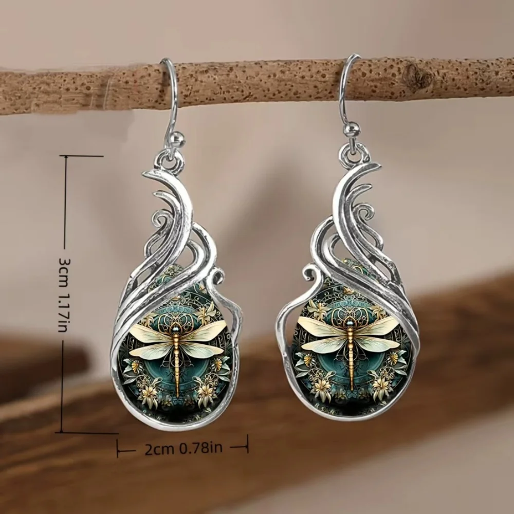 Women's Elegant Boho Green Stone Dragonfly Hoop Earrings
