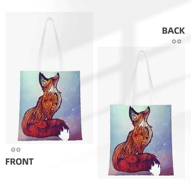 Recycling Cartoon Space Fox Pattern Shopping Bag Women Canvas Shoulder Tote Bag Durable Animal Groceries Shopper Bags