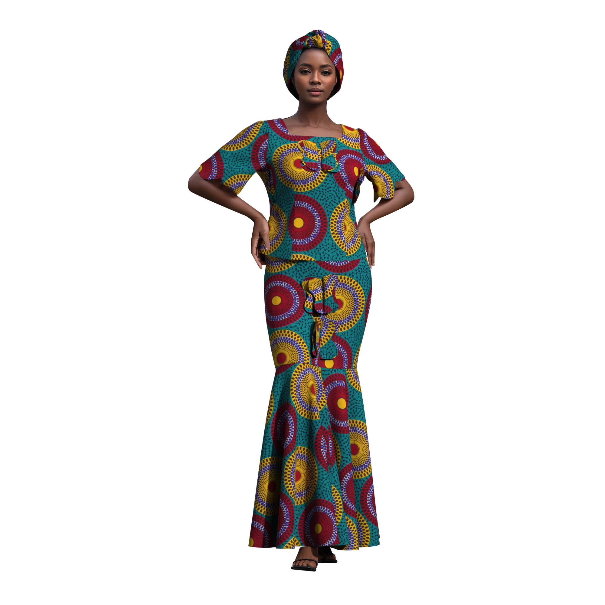 African Ankara Print 2 Piece Set Women Short Sleeve Mermaid Maxi Dress Matching Headwrap Dashiki Outfit Wedding Party Clothing - view 3