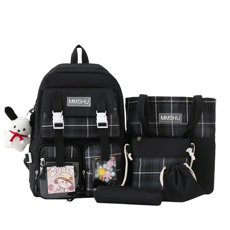 

5pcs/set Plaid Canvas Women's Backpack Student School Fresh Teenager Girl Kawaii Laptop Bookbag Large Capacity Student Bag