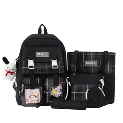 5pcs/set Plaid Canvas Women's Backpack Student School Fresh Teenager Girl Kawaii Laptop Bookbag Large Capacity Student Bag