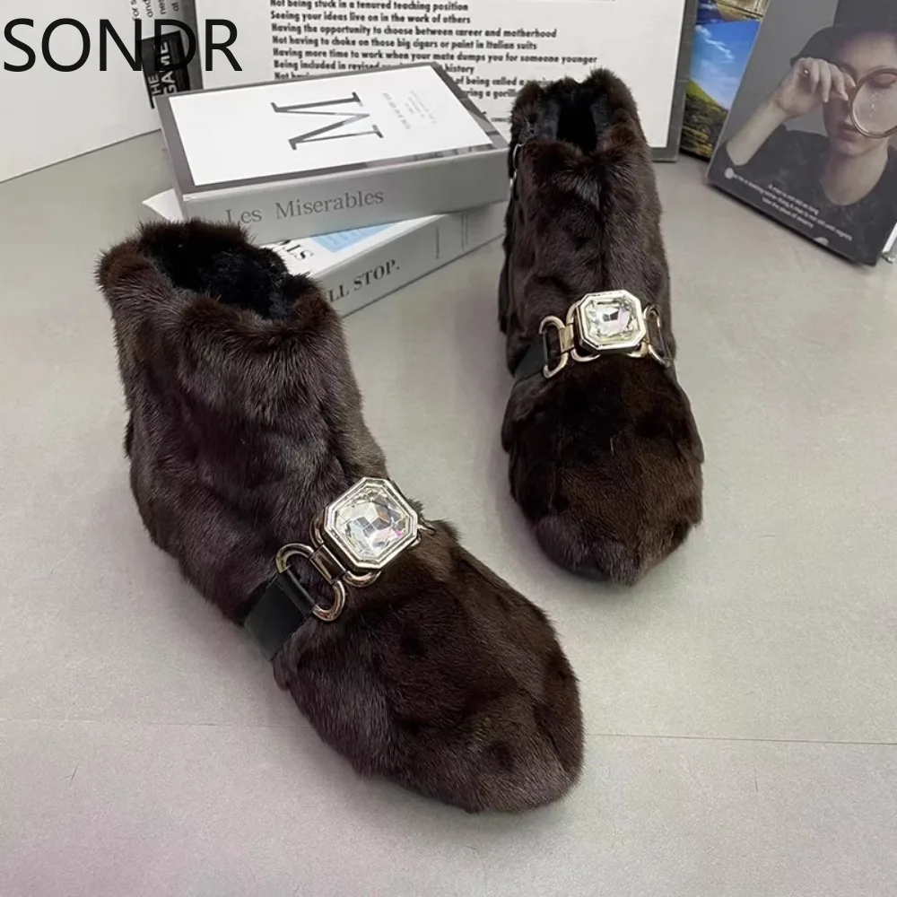 Womens Round Toe Rainbow Real Mink Fur Ankle Boots Snow Warm Winter Shoes Crystal Genuine Leather Thick Furry 6Colors A4