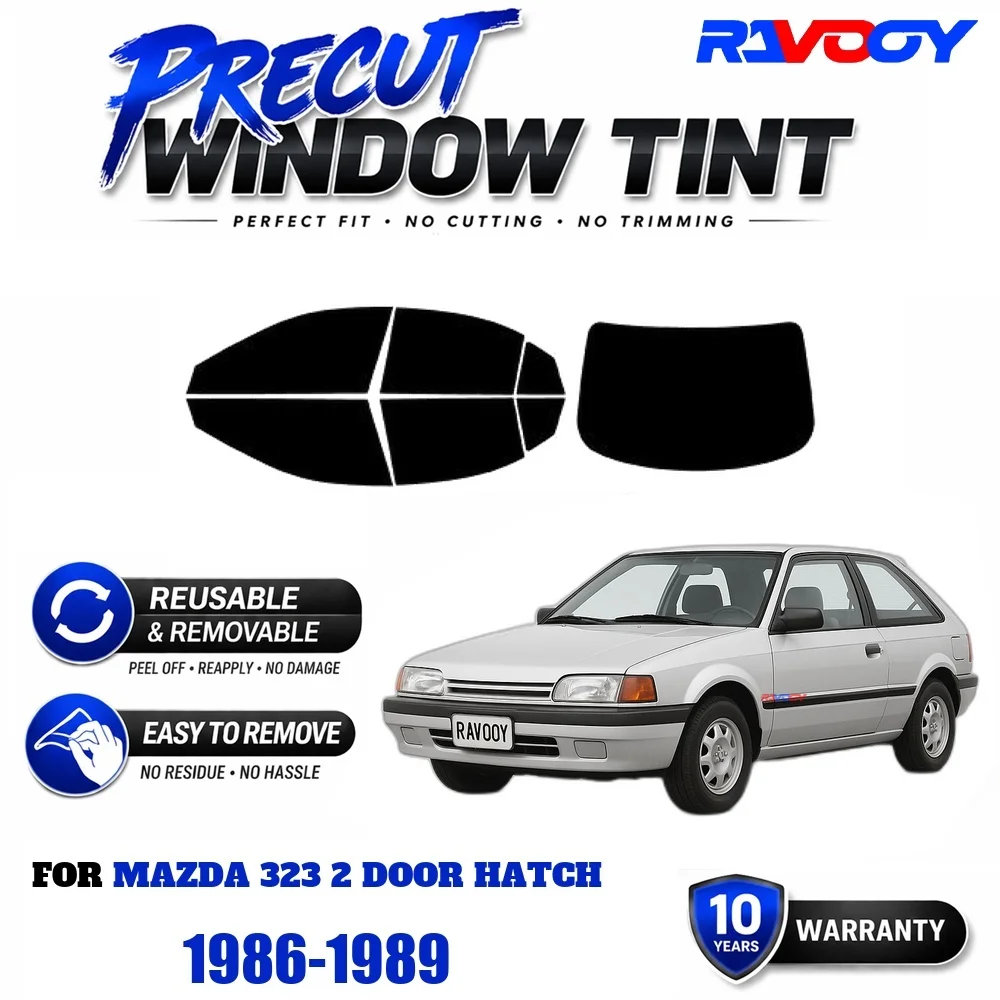 RAVOOY Precut Window Tint, Reusable Removable EPU Film, Custom Fit for Mazda 323 2 Door Hatch 1986-1989, UV Heat Protection