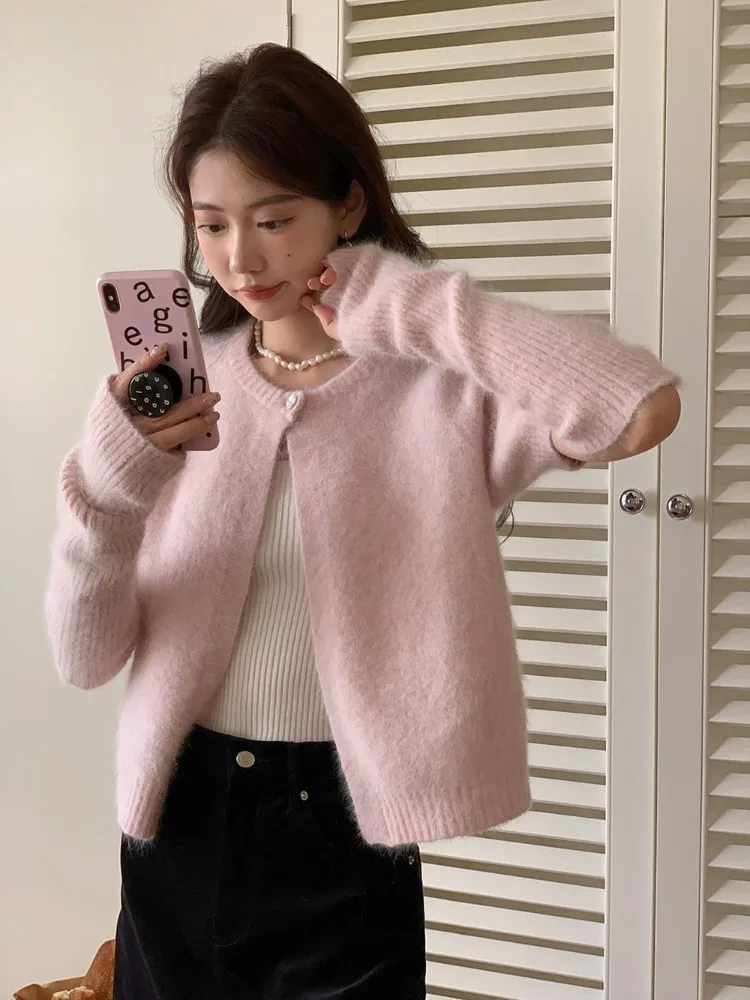 Deeptown Sweet Pink Women Sweater Cardigan Korean Style Old Money Elegant Autumn Outerwear Coquette Casual Puff Sleeve Knitwear