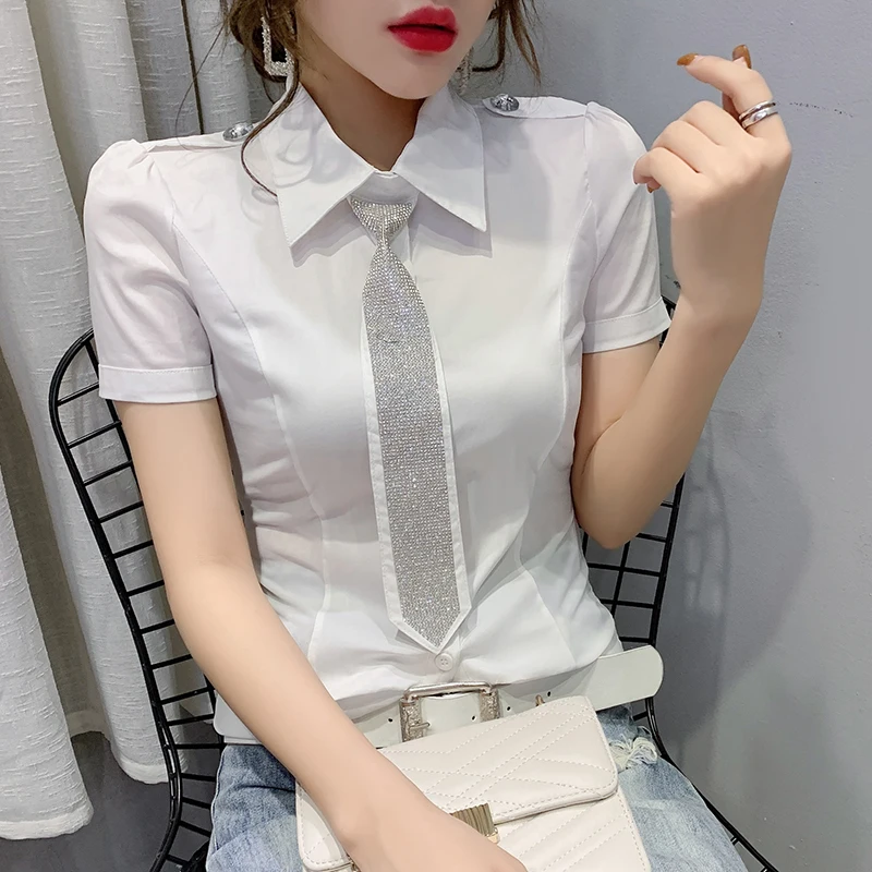 

Summer New Women's Slim Fit irt with Diamond ort Sve Me Splicing Cotton White Collar Button up Original Design