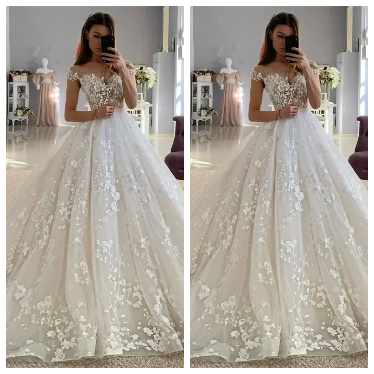 Sleeveless Princess Aline Wedding Dress2025 O-Neck Lace Flowers Beaded Sweep Train Bride Gown Plus Size De Noiva 2025 Customized