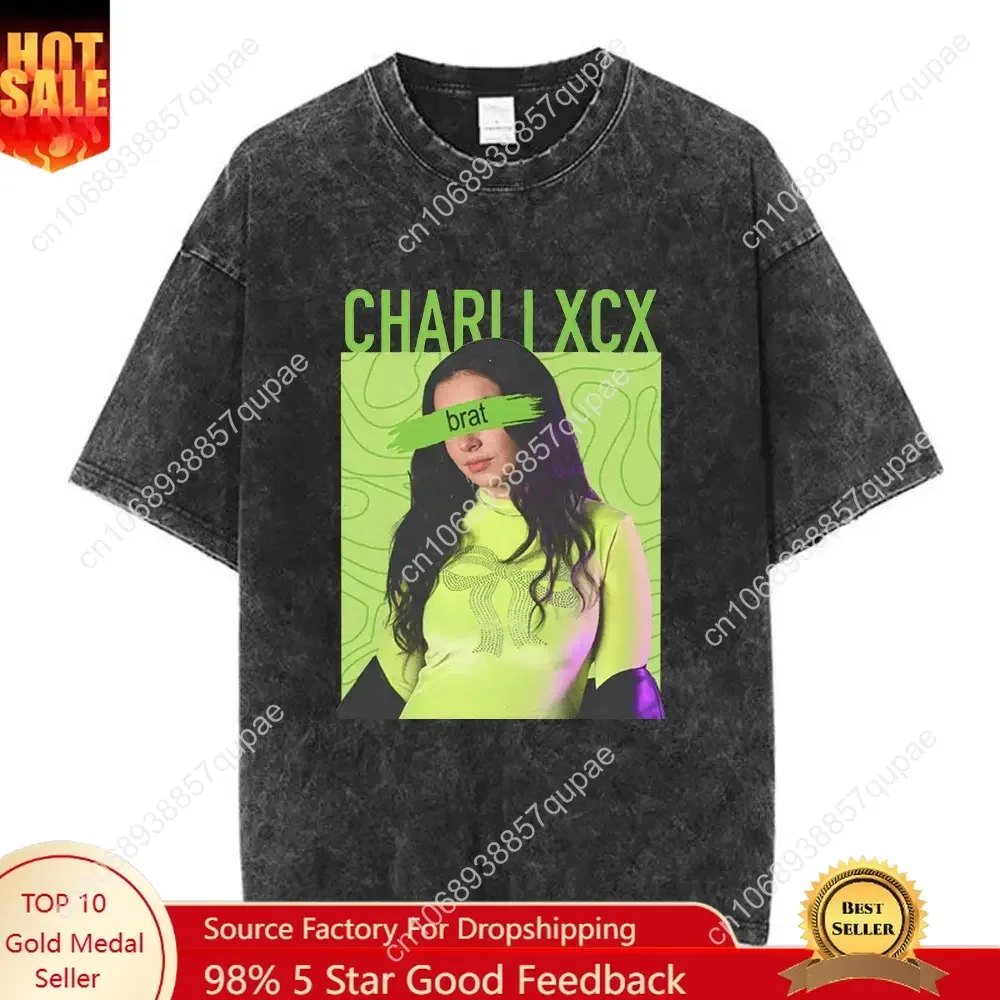 

Charli Xcx 365 Party Girl Brat Album Vintage Washed T Shirt Men Women Fashion Harajuku T-shirt Casual 100% Cotton Loose T-shirts