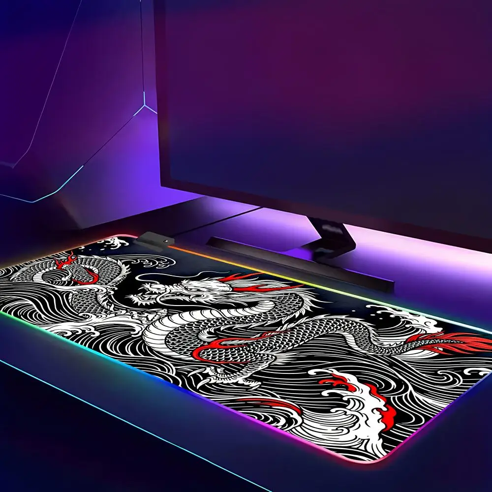 HYBXAXC Red Black Dragon Wave Art Mouse Pad Traditional Anti-Slip RGB Gaming Mouse HD Gamer Large LED Light Computer Non-slip view 3