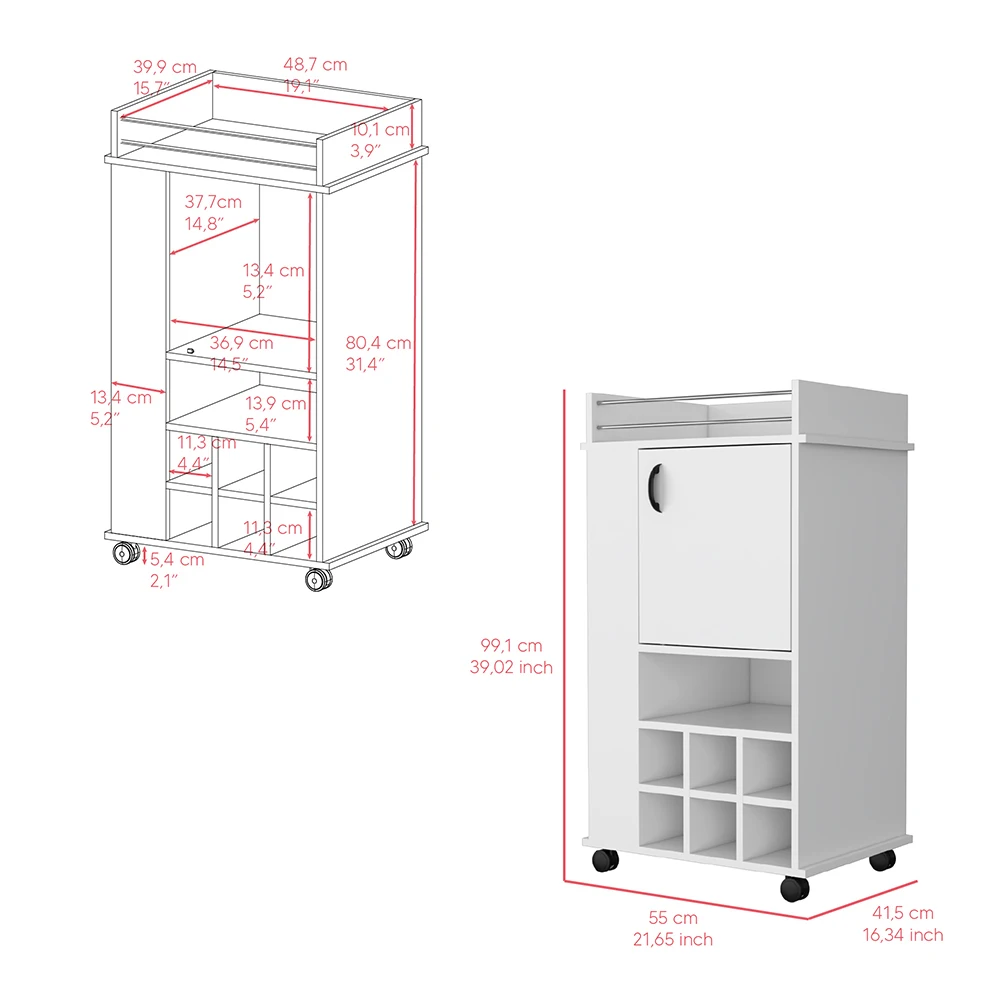 عربة بار مع عجلات ريس ستة مكعبات النبيذ وباب واحد باللون الأبيض لزاوية غرفة الطعام Armario Para Vinos Bar Furniture