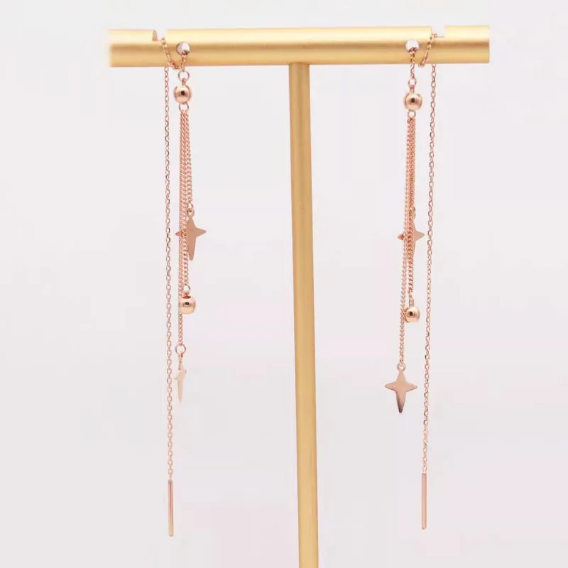 

585 Purple Gold Tassel Multi Chains Earings Line Plated 14K Rose Gold Elegant Round Beads Earrings for Women Wedding Jewelry