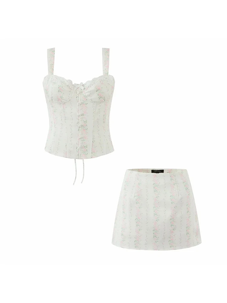 Women's New Fashion Sleeveless Sweet Floral Camisole Top Women 2 Pieces Bodycon Skirt Sets Two Piece Set Women Outfit
