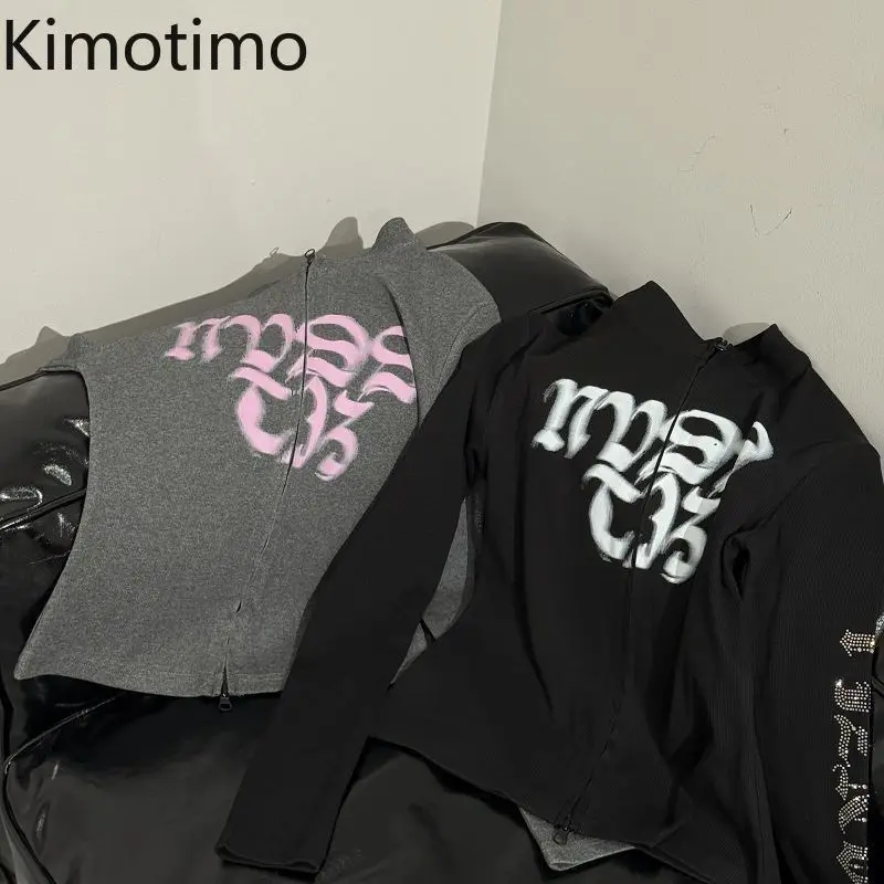 

Kimotimo, повседневные футболки с длинными рукавами и буквенным принтом, женские американские ретро-молния, облегающие короткие топы, простые Y2k, панк, Ropa Mujer