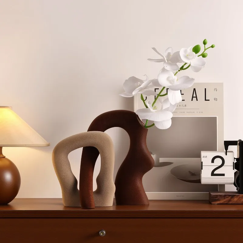 Nordic Ins Flocked Ceramic Special-shaped Vase Living Room TV Cabinet Dining Table Flower Arrangement  Vases Wedding Decoration