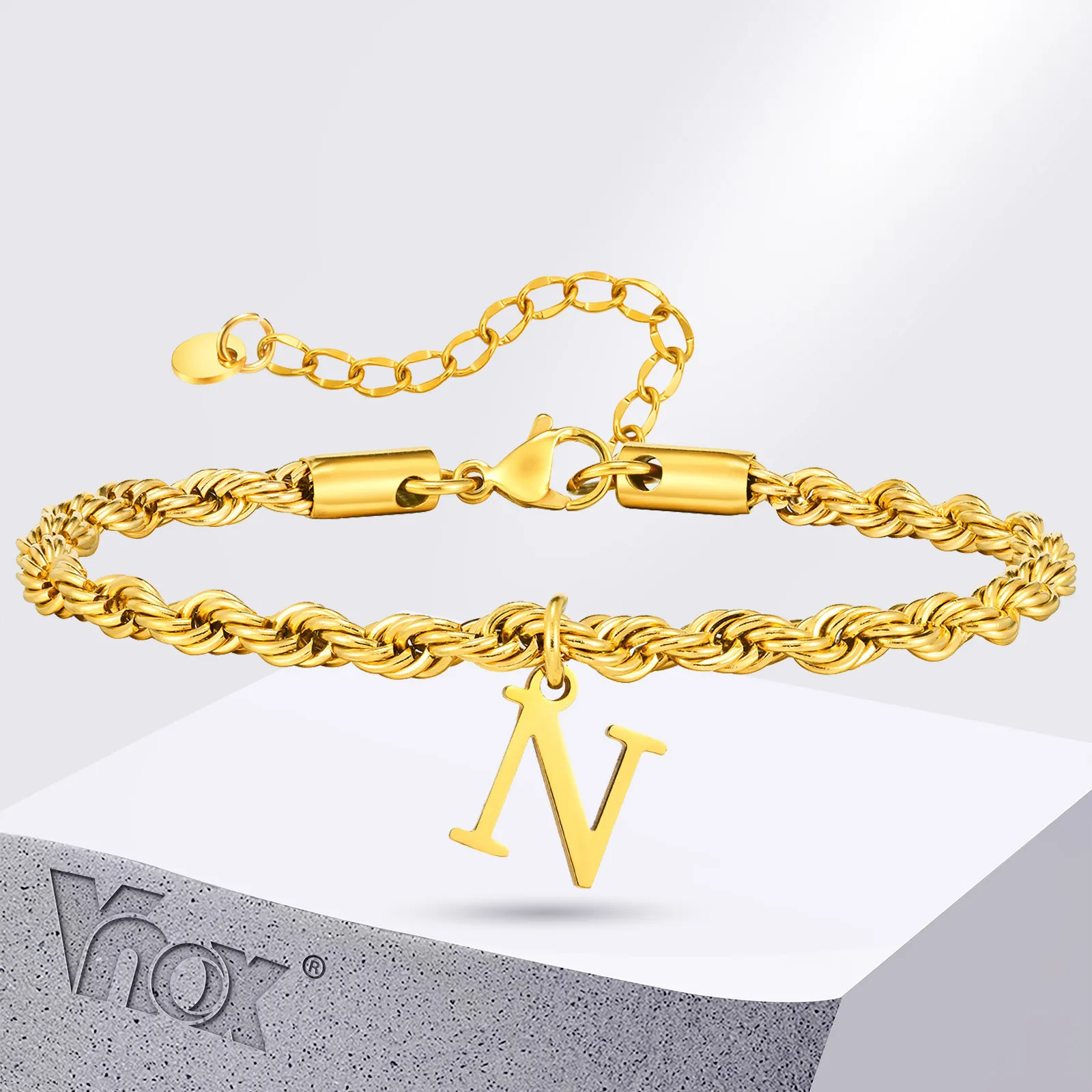 Vnox A-Z Letters Bracelets for Men, Gold Plated Stainless Steel Twisted Rope Chain Bracelet, Classic Name Bracelet Gift for Him