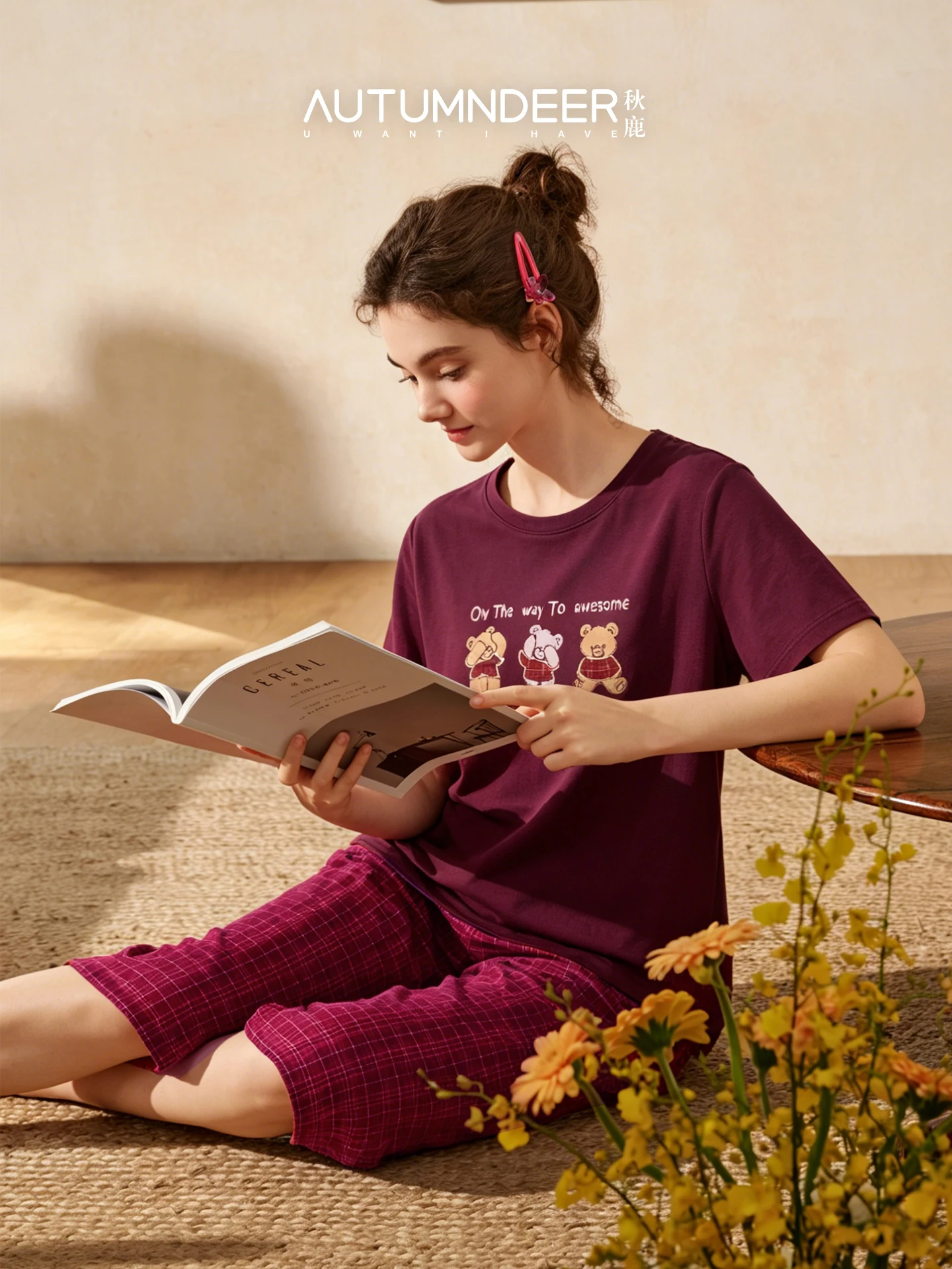 autumn-deer-short-sleeve-seven-foot-pants-cartoon-cute-style-sleepwear-summer-home-clothes-set-round-neck-overhead-pure-cotton
