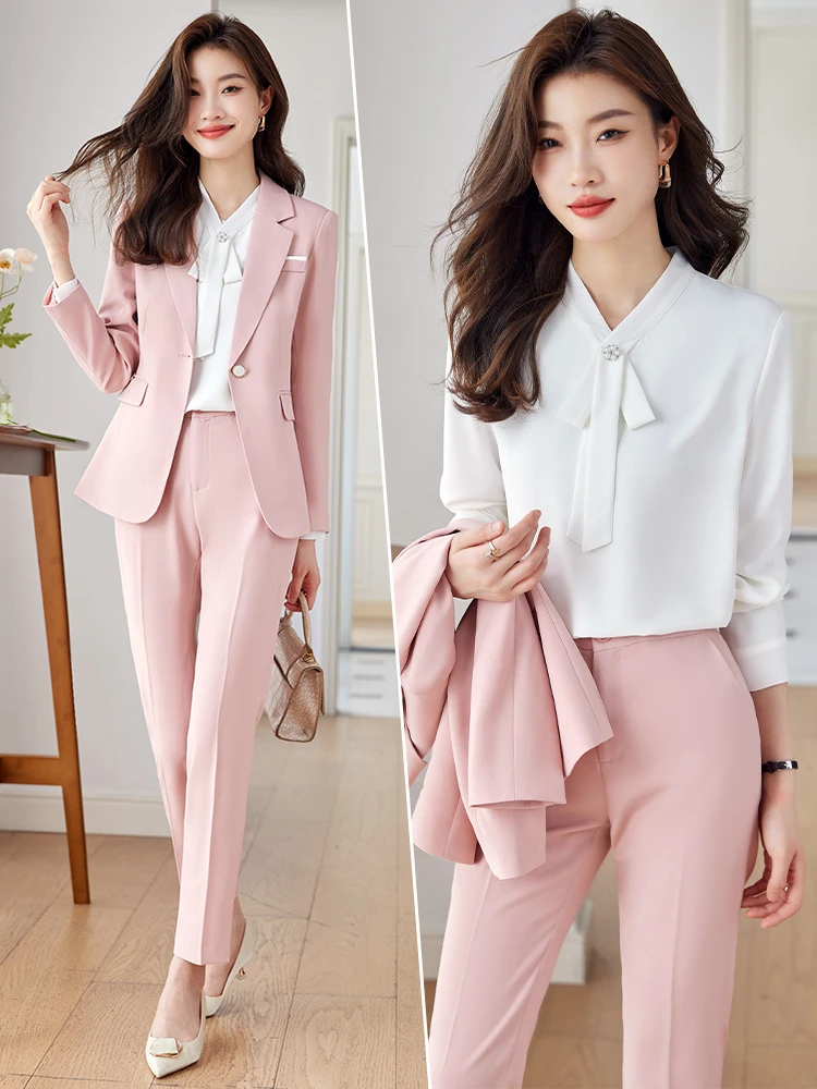 Pink Suits Women New 2024 Autumn Temperament Business lnterview Slim Blazer And Pants Sets Office Ladies Work Wear Black