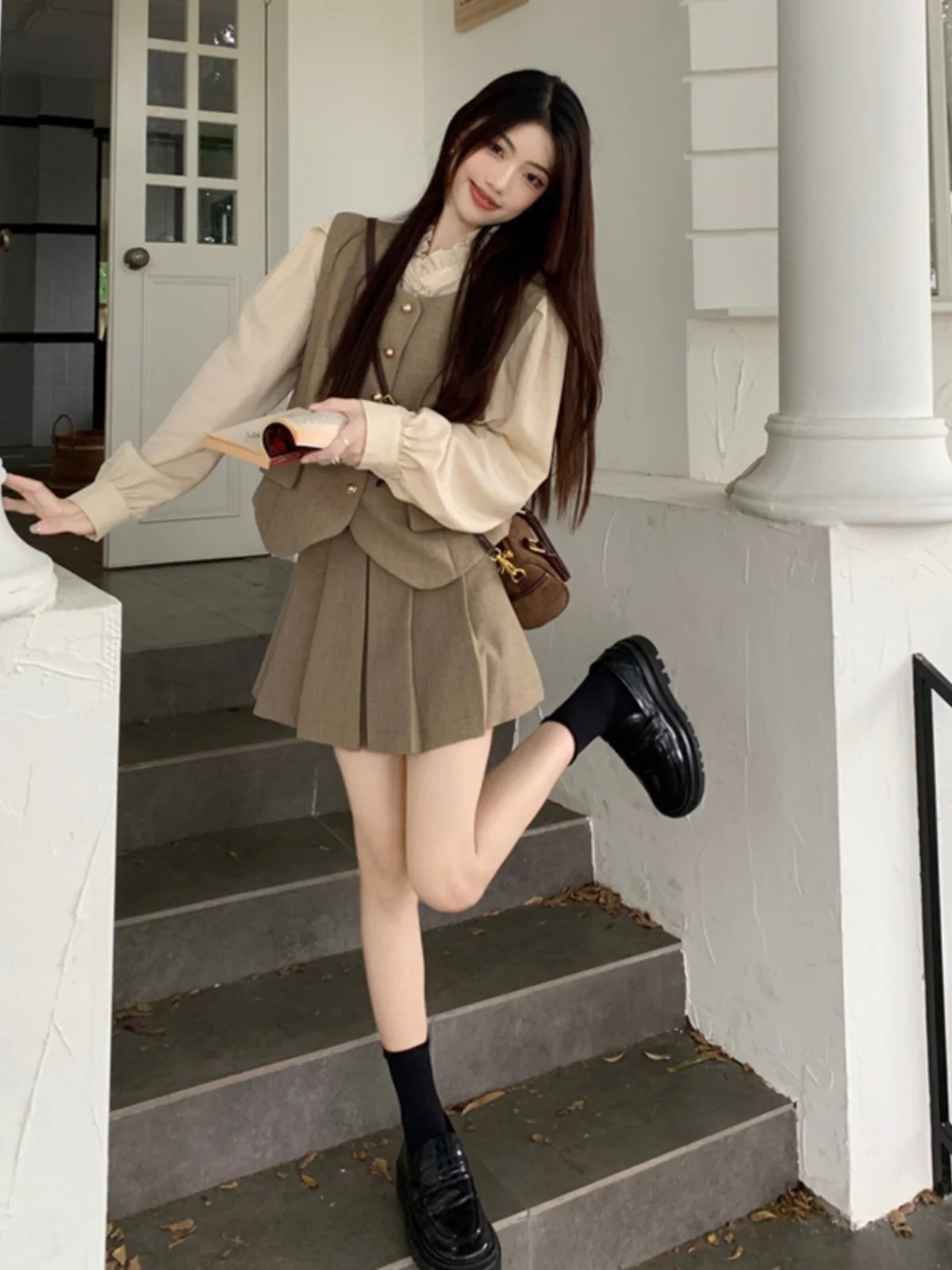 Women's Wood Grain Ruffle Shirt Vest Skirt Three-Piece Set Long Sleeve Fashion Ensemble Spring Autumn Pleated  Skirt - view 5