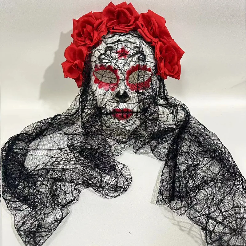 Ghost Bride Full Face Women Masquerade Mask Lace Roses Hair Halloween Scary Funny Cosplay Venetian Party Carnival Prom Ball 2025